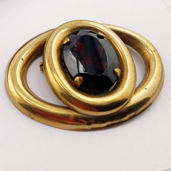 ANTIQUE Big Edwardian brass and dark purple glass stone oval brooch ~ 1910s pin - Picture 8 of 10